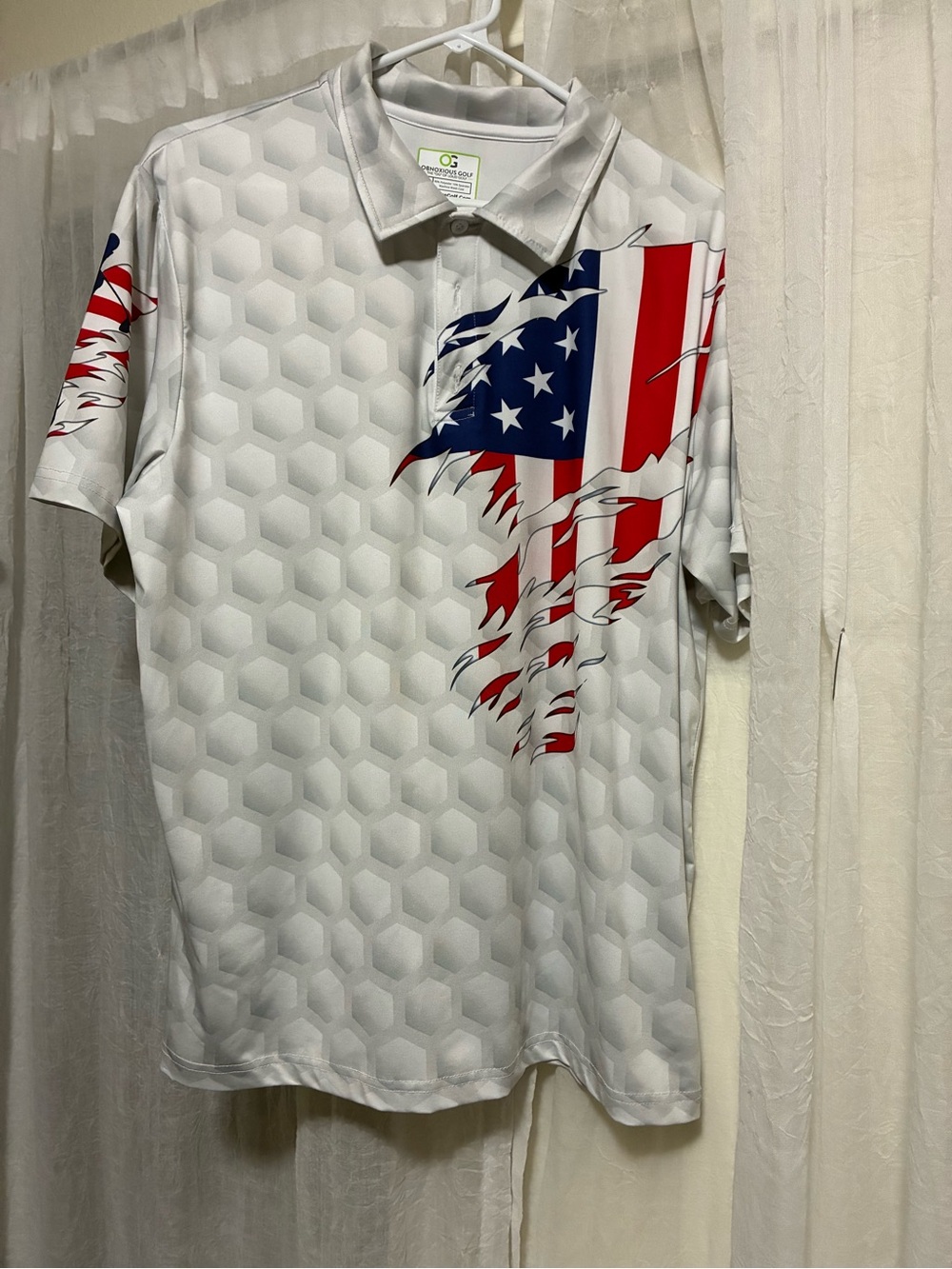 Performance White Polo with American Flag Graphic